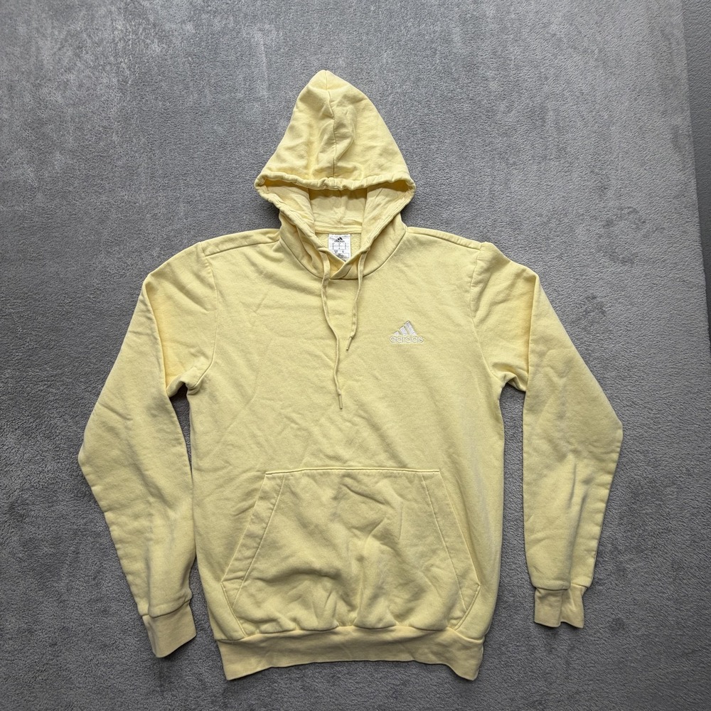 Adidas Hoodie Mens Small Yellow Fleece Pullover Sweatshirt Embroidered Logo